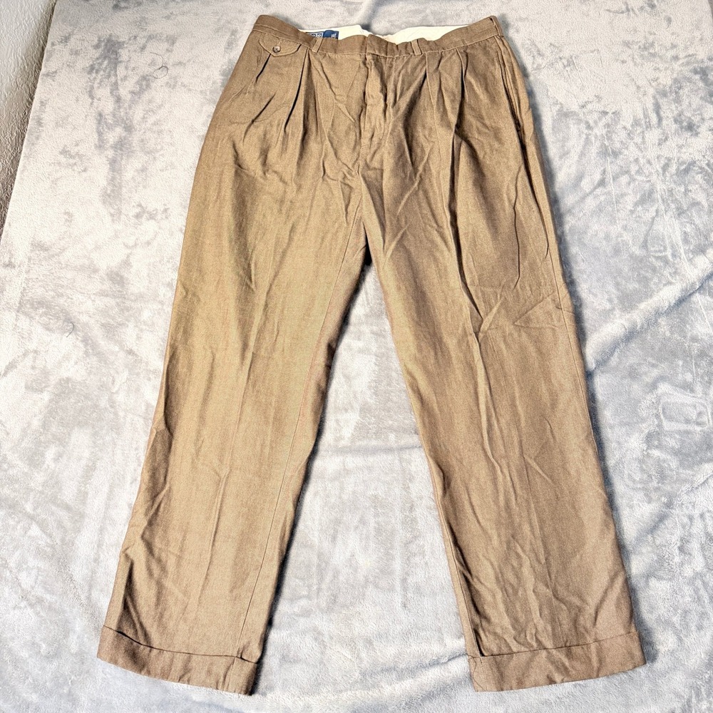 Polo Ralph Lauren Mens 38x32 Tan Silk Cotton Classic Pleated Cuffed Trousers